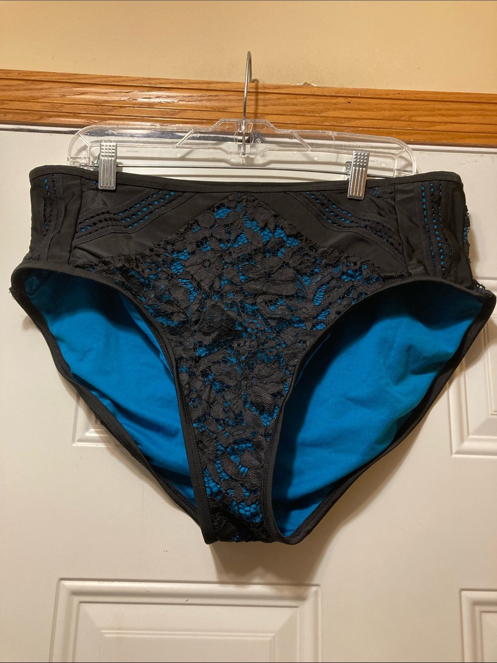 Time and Tru Black Lace Overlay Swim Bottoms with Blue Lining
